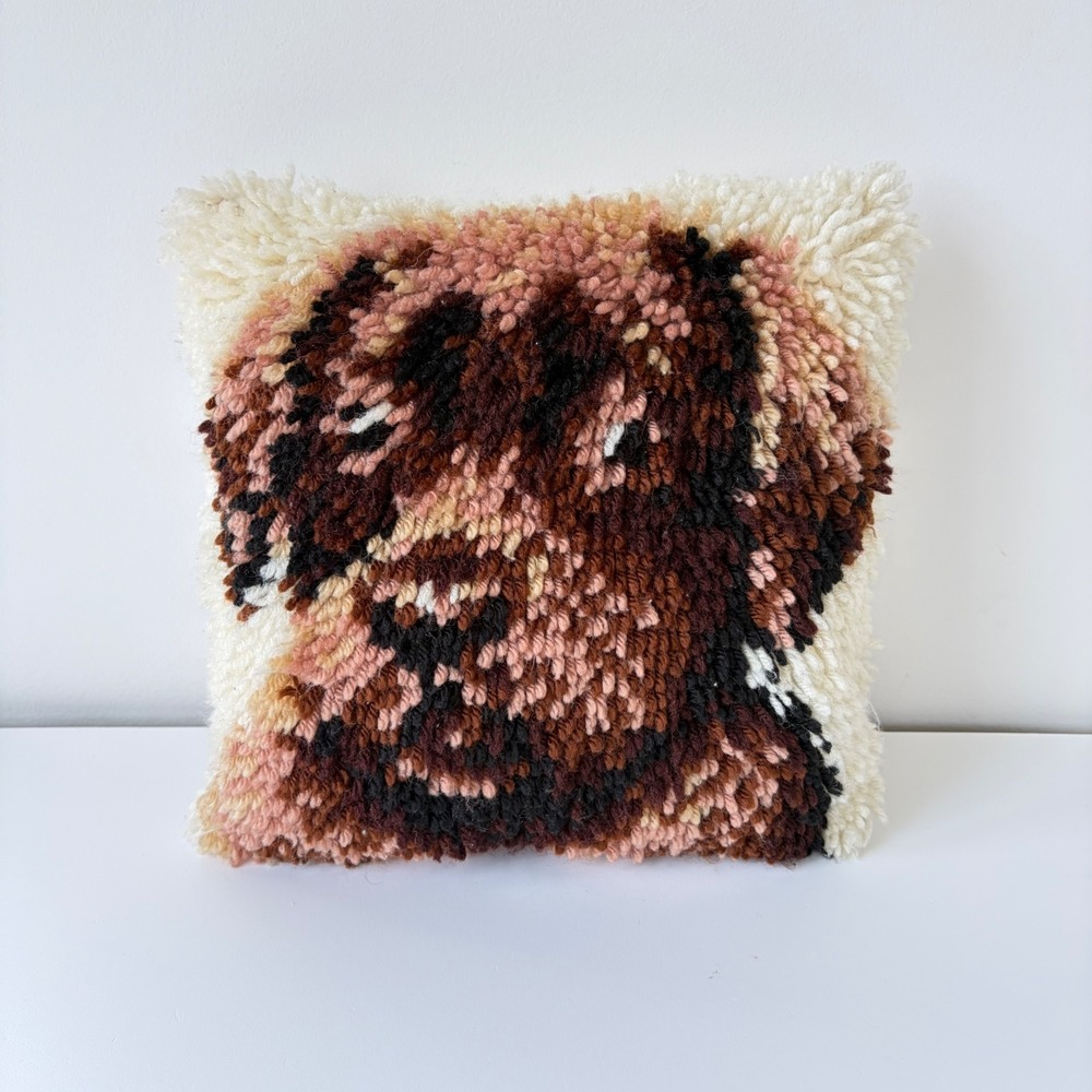Vintage Handmade Latch Hook Dog Portrait Shag Pillow 11x11